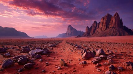 Mars landscape showing rock desert and sky concept. Stunning desert landscape under a dramatic purple sky.