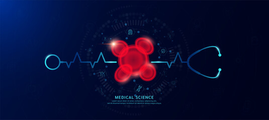 Erythrocyte hologram in transparent with stethoscope. Genetic icons are around. Medical science banner dark blue. Health care concept. Vector EPS10.