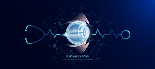 Eyeball organ hologram in transparent with stethoscope. Genetic icons are around. Medical science banner dark blue. Health care concept. Vector EPS10.