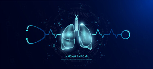 Lung organ hologram in transparent with stethoscope. Genetic icons are around. Medical science banner dark blue. Health care concept. Vector EPS10.