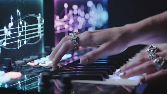 Musician composing electronic music - A person's hands with silver rings press keys on an electronic keyboard next to a digital screen showing musical notation.
