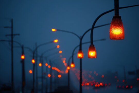 Street lights in the city illuminating a dark evening sky