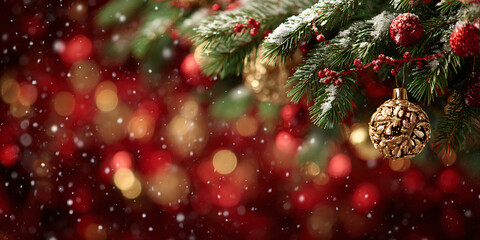 Christmas Tree with red and Golden Ornaments and Snowflakes on Bokeh Background, Horizontal Banner, copy space