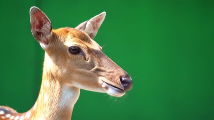 Closeup portrait of a beautiful young spotted deer with large ears and a gentle expression looking gracefully to the right against a vibrant green background in a natural outdoor setting during dayli.