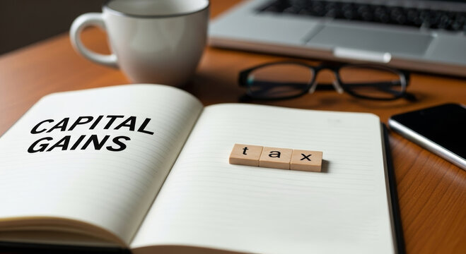 Capital gains tax business goals finance notepad with wooden letter tiles spelling tax on desk with coffee glasses laptop and smartphone conveying financial planning and focused determination