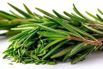 Pile of fresh chopped rosemary herbs on white background