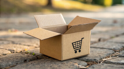 Open cardboard box with cart symbol on cobblestone path showing abandon and abandonment mood while sunlight warms scene giving quiet nostalgic feeling