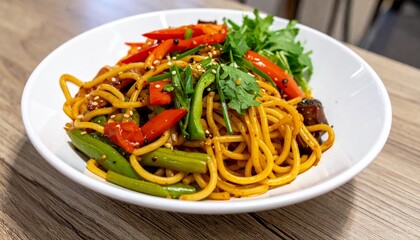 Delicious Asian Dish Udon With Hot Peppers, Green Beans, Spices And Herbs