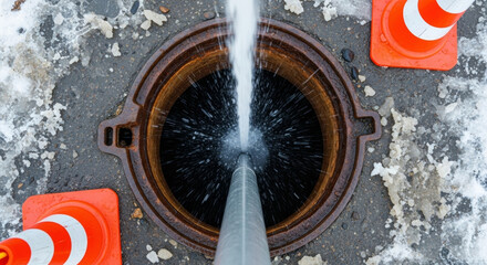 Clean water access pump flushing storm drain on snowy street with traffic cone safety and icy pavement during winter maintenance