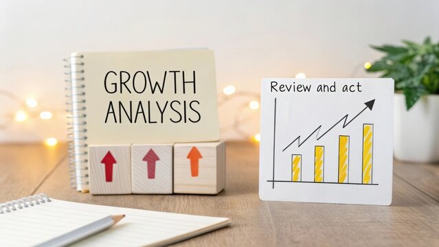 Growth analysis concept with chart, notepad, and wooden blocks illustrating progress and action on wooden table background