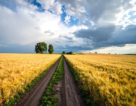 A dirt road through a vast, golden wheat field under a dramatic, cloudy sky, with trees in the distance