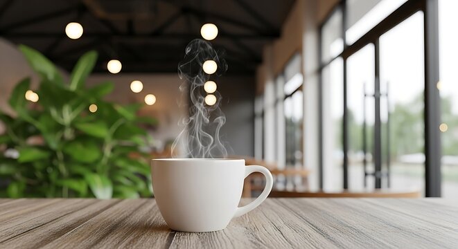 A steaming white mug of hot coffee sits on a wooden table in a cozy cafe setting