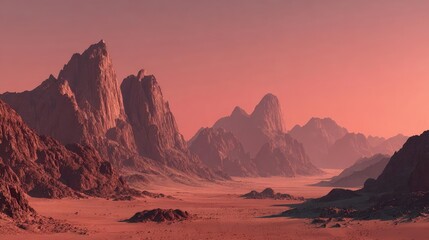 Naklejka premium Mars landscape showing rock desert and sky concept. Breathtaking alien landscape with red-toned rocky mountains.