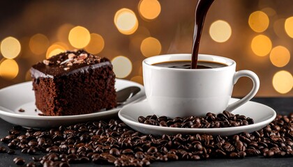 A cup is being filled with steaming dark liquid. A slice of dark cake rests nearby with coffee beans. Sparkling lights are in the background