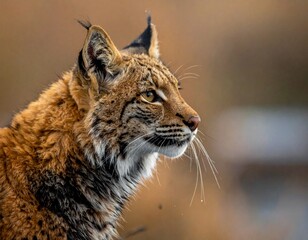 Obraz premium Detailed close-up profile of a wild lynx with intense focus, showcasing its distinctive ear tufts and sharp eyes in a natural outdoor setting