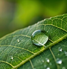 Water drop on green leaf macro