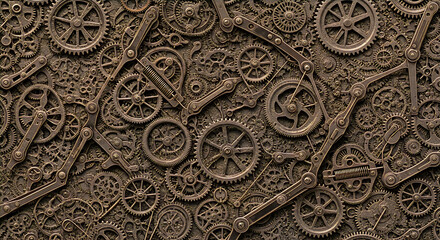 A detailed steampunk-inspired mechanical gears background featuring interlocking cogs, wheels, and metal textures, perfect for industrial themes, technology designs, engineering concepts