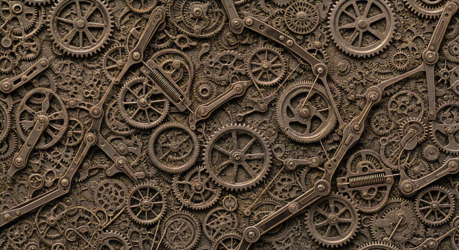 A detailed steampunk-inspired mechanical gears background featuring interlocking cogs, wheels, and metal textures, perfect for industrial themes, technology designs, engineering concepts
