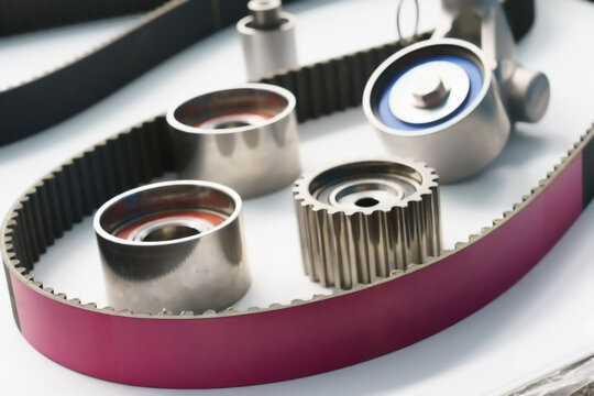 Close-up of a new car timing belt kit, including a pulley and idler roller. Automotive spare parts isolated on a white background.