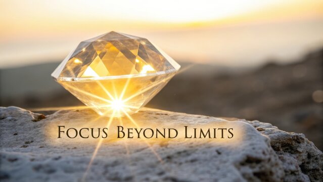 Shining Crystal Gem on Stone with Inspirational Words Focus Beyond Limits Against a Serene Sunset Background
