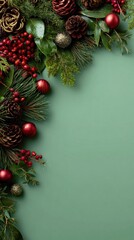 A festive arrangement of pinecones, holly, and red ornaments on a green backdrop, creating a seasonal decorative border.