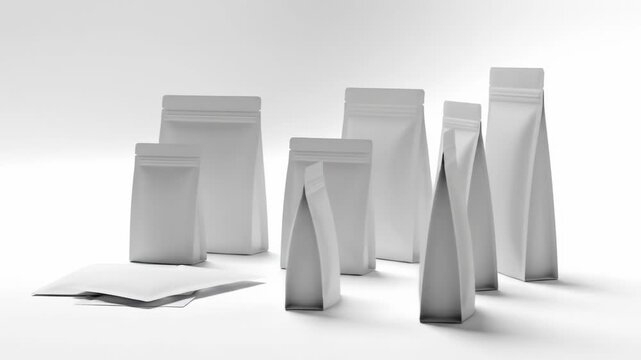 White packaging bags on white background with shadows, multiple sizes