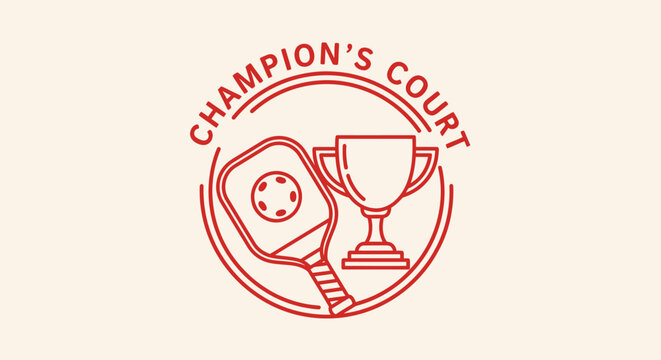 Line art logo for Champion's Court featuring a pickleball paddle, ball, and a trophy within concentric circles, symbolizing sports achievement.