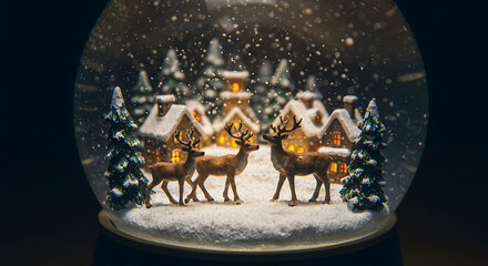 Enchanting snow globe featuring reindeer near charming houses, ideal for captivating holiday displays and heartwarming seasonal projects, bringing festive spirit to any design