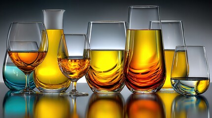 Several glasses and a decanter filled with colorful liquids on a reflective surface.