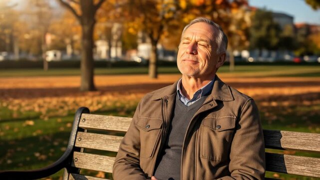 Elderly man enjoys sunlight on park bench in autumn, eyes closed
