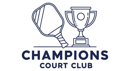 Line art logo for Champions Court Club featuring a pickleball paddle and a trophy, symbolizing victory and sportsmanship.