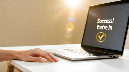 Success You message displayed laptop screen symbolizes achievement and access. This conveys sense of accomplishment and positive user experience