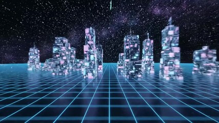 Futuristic Cityscape with Grid and Galaxy - This video features a futuristic cityscape with glowing buildings on a neon grid surface, set against a backdrop of a starry galaxy.