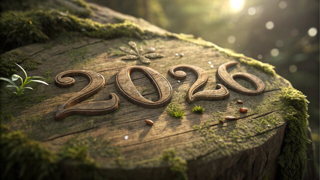 Wooden-textured 2026 numbers are carved into a mossy tree stump in a sunlit forest, emphasizing nature, organic growth, and environmental awareness.