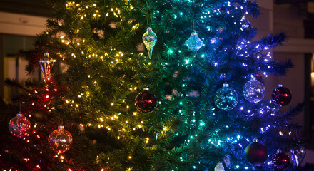 Festive Christmas tree glows with rainbow colored lights and sparkling ornaments, creating a magical and joyful holiday atmosphere perfect for seasonal celebrations