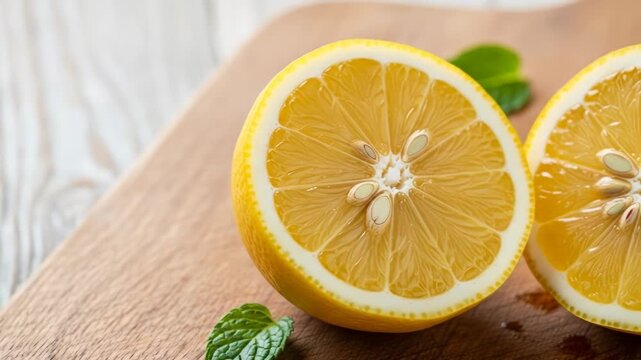 Two lemon halves with seeds on wood, mint leaves nearby, close-up shot