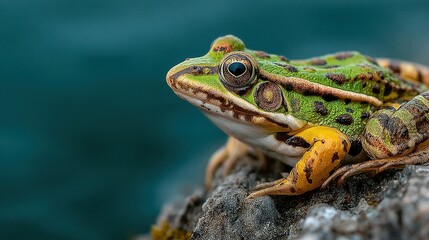 Obraz premium Green frog sits on a rock with a blurred blue background.