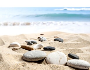 Pebbles on sandy beach, ocean view