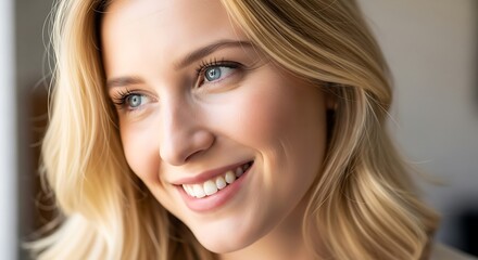 Naklejka premium Freckles blonde blue-eyed woman, perfect skin smiling