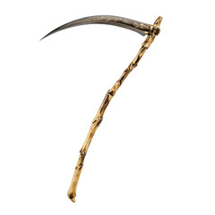 Scythe: A beautifully crafted scythe, its curved blade gleaming, rests against a timeless backdrop, the symbol of labor and harvest. 