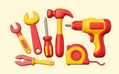 Set of repairing hand tools for carpentry or home crafts and fixing things as diy maintenance on beige background