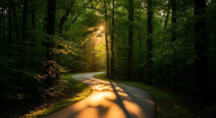 Sunbeams illuminating a winding forest road surrounded by lush green trees