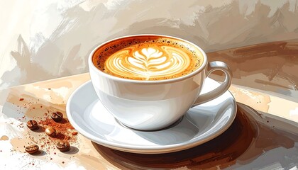A cup of coffee with latte art rests on a saucer, accompanied by scattered beans, basking in sunlight