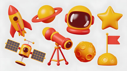 Space exploration set including rocket planet helmet star satellite telescope moon and flag on surface