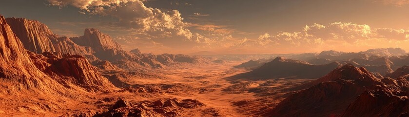 Obraz premium Mars landscape showing rock desert and sky concept. Vast desert landscape with dramatic red rock formations at sunset.