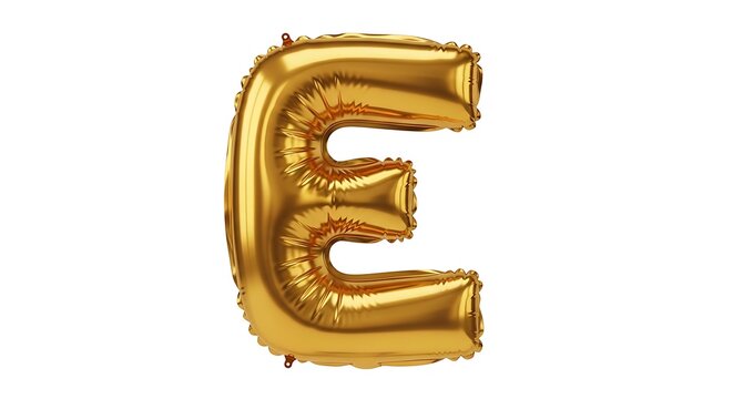 A shiny golden balloon shaped like the letter e, floating against a clean white background