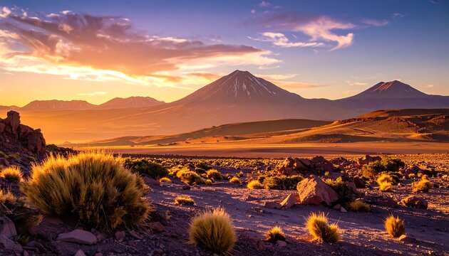 Dramatic sunset over a mountainous desert landscape with colorful sky