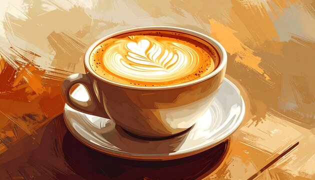 A cup of coffee with latte art, depicting a heart design. The image has a painterly texture, bathed in warm, inviting light