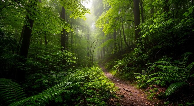 A winding dirt path leads through a lush green forest on a misty day