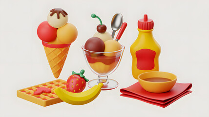 Dessert food set including ice cream waffles strawberry banana syrup cherry and sauce bowl